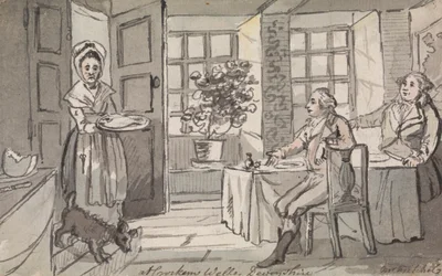 Figurer som sitter vid ett bord och serveras mat, Crockem Wells, Devonshire
