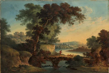 Landskap med slott och bro, ca 1808-20 (gouache och akvarell)