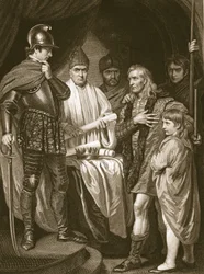 Baliol överlämnar sin krona till Edward I, graverad av J. Parker, illustration från David Humes "The History of England", pub. av R. Bowyer, London, 1812