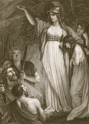 Boadicea haranging the brits, graverad av Sharp, illustration från David Humes "The History of England", pub. av R. Bowyer, London, 1812