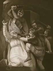 The Death of Becket, graverad av J. Stowe, illustration från David Humes "The History of England", pub. av R. Bowyer, London, 1812
