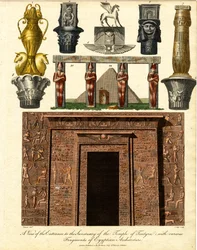 En vy över ingången till helgedomen i Tentyra-templet: med olika fragment av egyptisk arkitektur