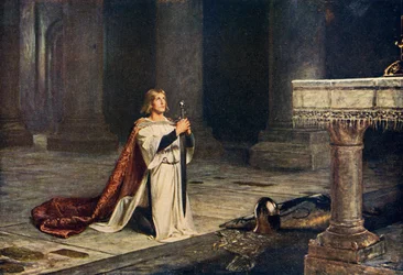Riddaraspirant som håller vapenwaka före dubbningen, illustration ur Romance and Legend of Chivalry av A. R. Hope Moncrieff