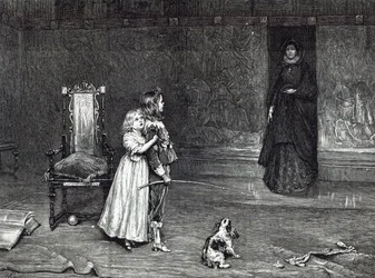 Grevinnan av Derbys utseende i det gyllene rummet, scen från Scotts "Peveril of the Peak", från "Leisure Hour", 1888