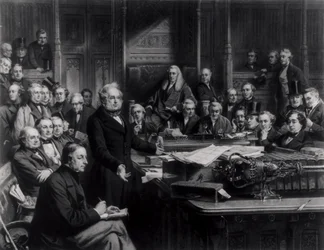 Underhuset 1860: Lord Palmerston talar till huset under debatten om fördraget med Frankrike, graverad av Falkner, 1863 (se även 42219 och 107821)