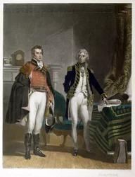Ett möte mellan generalmajor Sir Arthur Wellesley och viceamiral Horatio Nelson, september 1805, graverat av Samuel William Reynolds (1794-1872), pub. av A.J. Isaacs