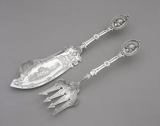 Fiskgaffel och kniv, ca. 1862-1870 (silver)