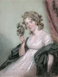 En dam som håller en svart mask, ca 1795-80 (pastell på vävt papper, lagd på duk)