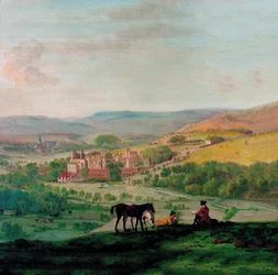En 1700-talsbild av Haddon Hall med byn Bakewell i bakgrunden.