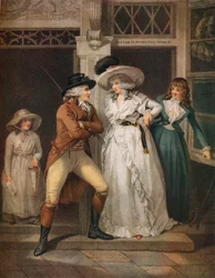 Dörren till värdshuset, Laetitia, övergiven av sin förförare, kastas ut på gatan, 1789