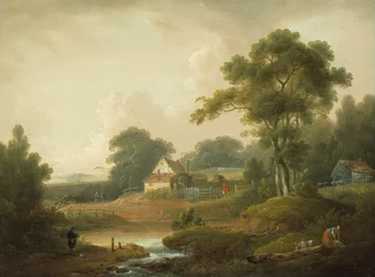 Landskap med fiskare och tvättkvinna