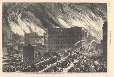 Chicago i lågor - rushen för livet över Randolph Street Bridge, illustration från Harpers Weekly, 1871