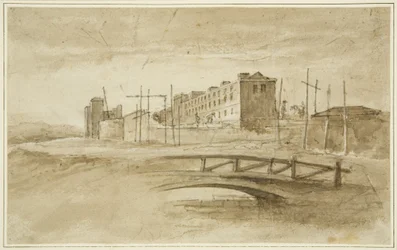 Nytt mål under byggnad, sett från Harford Bridge, ca 1820 (penna och akvarell på papper)