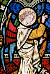 Maulden, St Mary, East Window, detalj, Clayton & Bell, John Richard Clayton (1827-1913), Ängel, detalj, Kristus i majestät, ca 1859 Mary