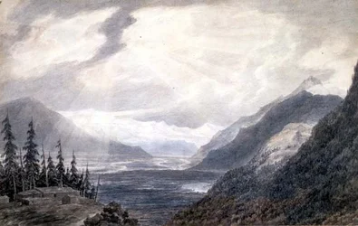 PD.6-1965 Pays de Valais, nära Genèvesjön, ca 1776 (indisk bläck, penna och tvätt på papper)