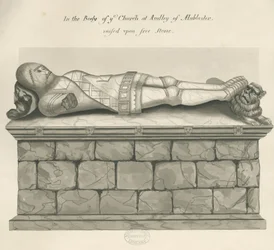 Audley Monuments - "Audley Knight": ritning med penna och tvätt, nd [? 1800-talet]