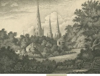 Lichfield Cathedral - North East View: penn- och bläckteckning, 1835