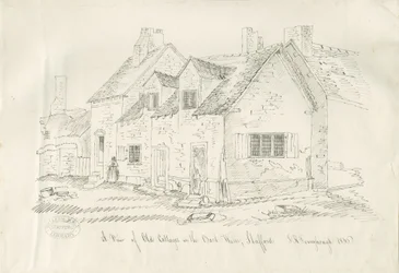 Stafford - Old Cottage in Back Walls: ritning med penna och bläck, 1836