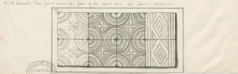 Uttoxeter Church - Färgade plattor hittade under golvet i norra gången: ritning med penna och tvätt, nd [?mitten av 1800-talet]