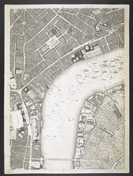 Plan av London, The Strand, Westminster bridge,  En plan över städerna London och Westminster och stadsdelen Southwark; : med de sammanhängande byggnaderna; Från en faktisk undersökning, / tagen av JOHN ROCQUE, Land-Surveyor, och graverad av John Pine,  Jo