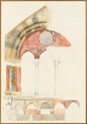 A Window of the Broletto, Como: snabb skiss i färg, som visar metod för inläggning av kulor, 1869