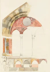 A Window of the Broletto, Como: snabb skiss i färg, som visar metod för inläggning av kulor, augusti 1869? (akvarell och kroppsfärg över grafit på vävt papper)