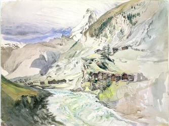 En alpin dal: Matterhorn i fjärran