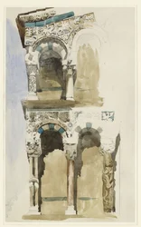 Del av fasaden på den förstörda kyrkan San Michele in Foro, Lucca, skisserad i färg 30 juni-1 juli 1846 (akvarell över grafit på papper)