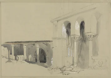 The Great Square at Torcello, 1850 (penna, bläck och skölj över grafit med gouache på brunt vävt papper)