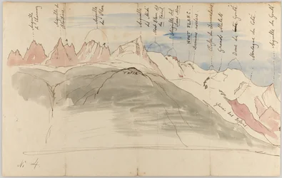 Mont Blanc-massivet från trakten kring Chamonix (framsida); Skisser av Mont Blanc-massivet från Tapia ovanför Chamonix, sett från Genève och från Dôle (baksida)