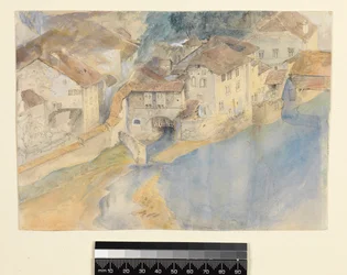 Utsikt över Fribourg, Schweiz, ca 1854 (penna, penna och bläck och gouache på papper)