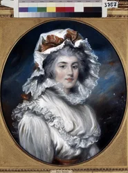 Porträtt av en ung kvinna med en keps (Porträtt av en flicka i en keps). Teckning av John Russell (1745-1806). Pastell på papper, andra hälften av 1700-talet. Engelsk konst från 1700-talet. Eremitagemuseet, Sankt Petersburg.