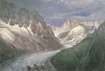 Vy över Mer de Glace med Aiguille du Moine till vänster och Grandes Jorasses i fjärran till höger, 1800-talet.