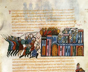 Att attackera ett fäste, miniatyr från "Synopsis historiarum", ca 1126-1150