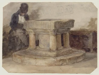 The Font of New Shoreham Church, West Sussex, med konstnären William Scott från Brighton som sover