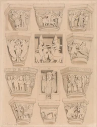 Huvudstäder och A & B Bas-reliefer i Abbey Church of Saint Georges de Bocherville, nära Rouen, Normandie