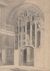 Interiör från Norwich Cathedral: Dörröppning och skärm mellan södra transeptet och presbyteriets mittgång