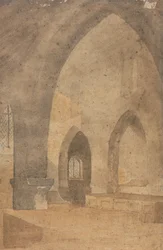 Interiör av en kyrka, vy västerut från södra långhuset