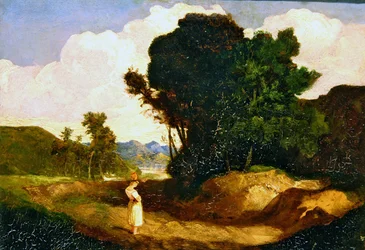 Landskap med figur (olja på panel)