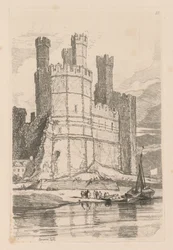 Studiebok: Platta 28, Caernarvon Castle, N. Wales, 1838