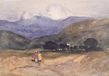Bergslandskap med figurer (akvarell och gouache på papper)
