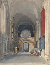 Norwich Cathedral: Interiör av körens norra gång, med blick österut