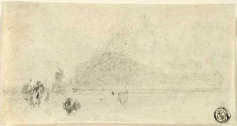 Skiss av Mont Saint Michel (recto); Byggnader bredvid vattnet (verso)