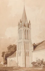 Sydostlig vy över Ifs-kyrkan, nära Caen, Normandie