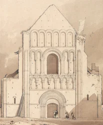 Västra framsidan av kyrkan i Oyestraham [Ouistreham], nära Caen, Normandie