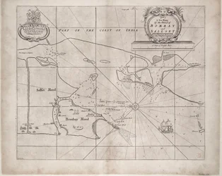 Karta över Bombay och Sallset av Samuel Thornton, hydrograf vid Ostindiska kompaniet, först utgiven ca 1685