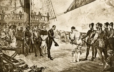 Amiralen för den spanska armadan återlämnar sin epee till Francis Drake (1540-1596)