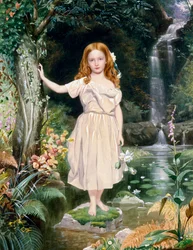 "Liten flicka vid vattenfallet" Målning av John Simmons II (1823-1876) (prerafaelit)