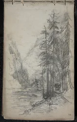 Bergslandskap med träd, 1871-72 (grafit på mörkt benvitt vävt papper)