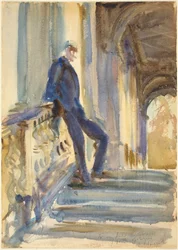 Sir Neville Wilkinson på trappan till Palladian Bridge vid Wilton House, 1904-5 (akvarell över grafit på vävt papper)